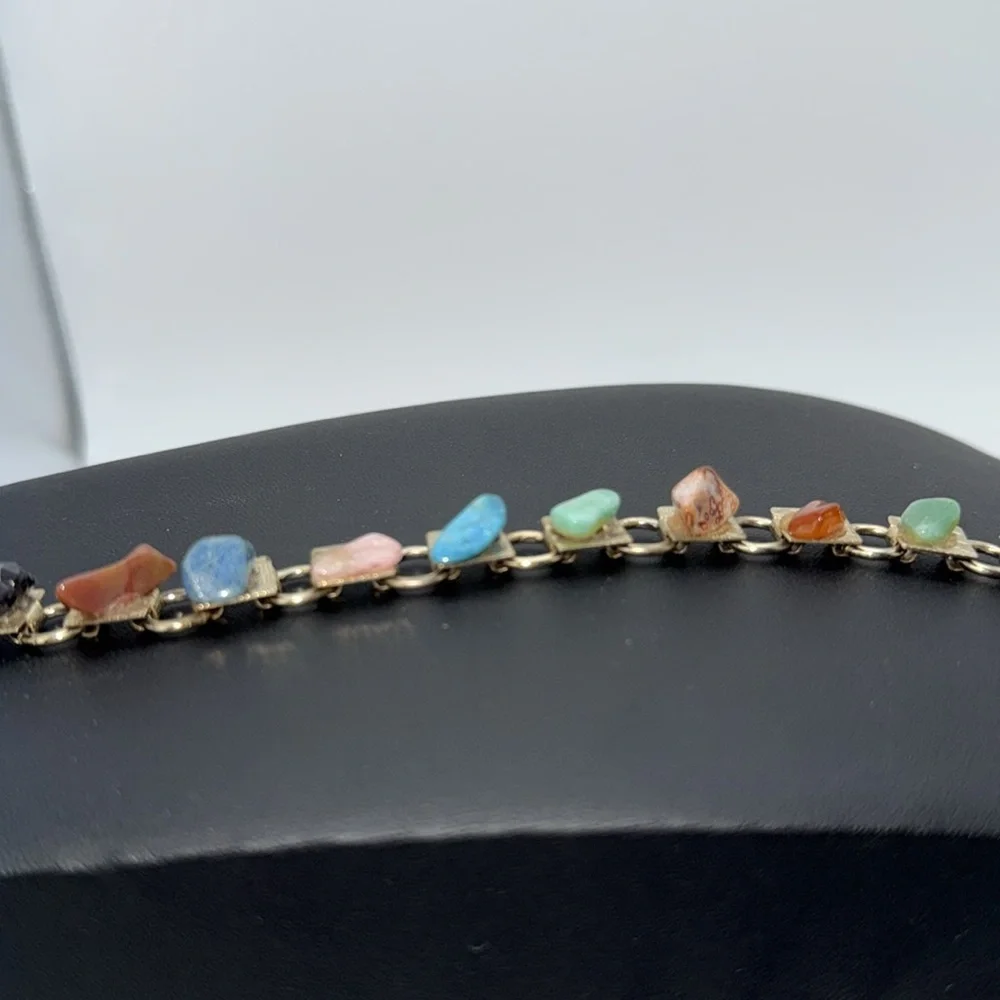 Vintage Gold tone link charm bracelet with various colored “stones” boho hippie